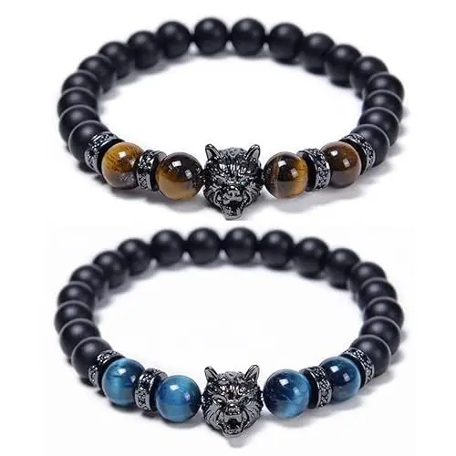 Produktbild: vissen PäRchen Freundschaft 2er Set Armband Naturstein 8mm Obsidian Tigerauge Wolf Blau Gelb Perlen ArmbäNder FüR Herren Damen AngstzustäNde Yoga, 16-22cm Elastisches Seil