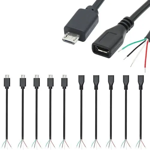 Produktbild: VISSQH 10 Stück(5 Paar) Micro USB Stecker & Buchse auf 2-poligen blankes Kabel,22AWG 3A Lötbar USB Stecker Buchse,Micro USB Pigtail Kabel,2 adriges USB Verlängerungskabel,mit offenem Ende-30cm