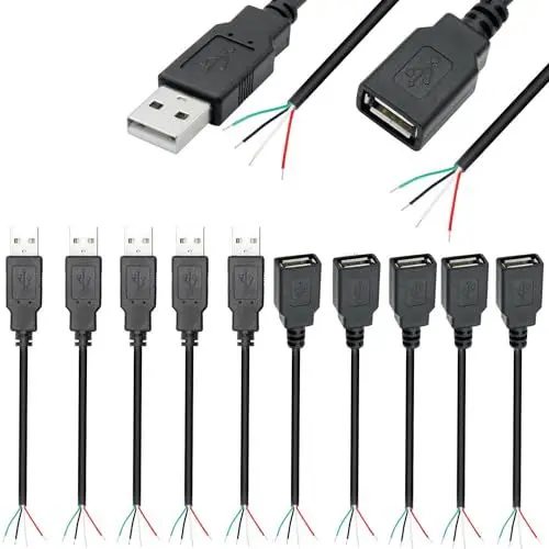Produktbild: VISSQH 10 Stück(5 Paar) USB Stecker & Buchse Pigtail Kabel,USB Stecker Lötbar 4 pin Bare Wire,USB 2.0 Stecker blankes Kabel Pigtail für USB-Geräte installiert oder DIY ersetzen Reparatur (30cm)