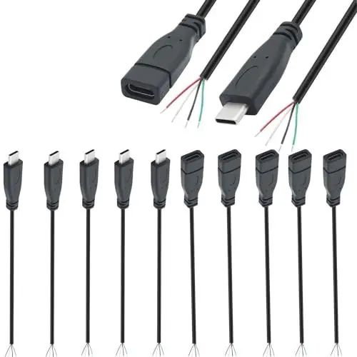 Produktbild: VISSQH 10 Stück(5 Paar) USB Typ-C Stecker & Buchse Pigtail Kabel,28AWG 2A 4 poligen Blankdraht,USB C Verlängerungskabel löten,mit offenem Ende für Heimwerker (25cm)