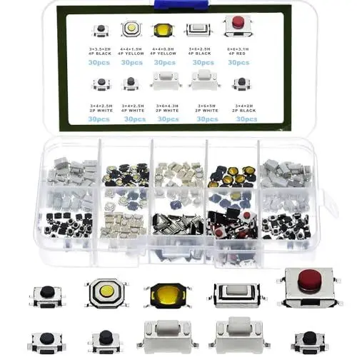 Produktbild: VISSQH 10 Value 300 Pieces tactile switch, Micro Switch smd taster Tactile Pressure Switch mini push button switch for Car Remote Control Key DIY and small power electronic projects