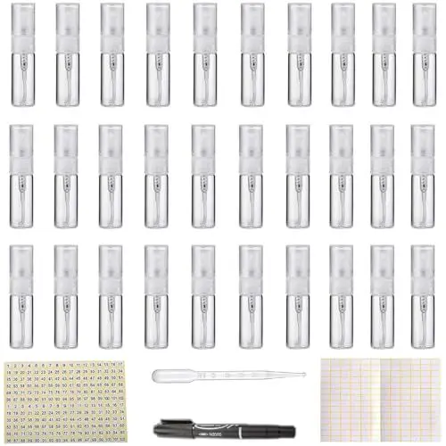 Produktbild: VISSQH 30 Stück Mini Sprühflasche，3ml Mini Klarglas Reise-Leere Zerstäuber-Sprühflaschen Nach fü Llbar Leer Sprayflasche（mit Etikettenaufkleber）