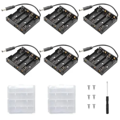 Produktbild: VISSQH 6 Stücke 4 x 1.5V AA Batteriehalter mit DC Stecker,6 V Kunststoff Batteriehalter Gehäuse mit 2 Stücke Batterie Aufbewahrungsbox und Schrauben(Schwarz)