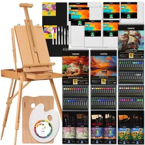 Produktbild: VISWIN Alles in einem Künstlermalset, 147-teiliges professionelles Malset mit Kofferstaffelei, 96 Öl-, Aquarell- und Acrylfarben-Set, Leinwand, Pinsel, Palette, Malset für Erwachsene