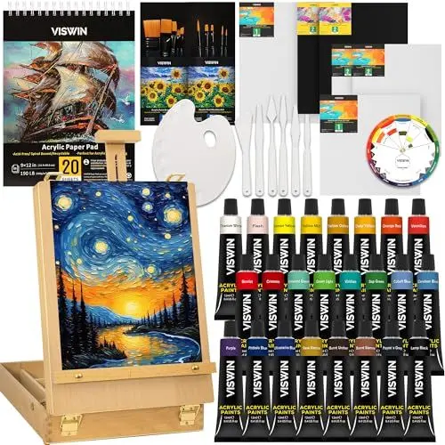 Produktbild: VISWIN 62-teiliges Acrylfarben-Set mit Tischstaffelei, Malzubehör mit 24 Acrylfarben, Gespannter Leinwand, Tafeln, Pinseln, Palette, Malset für Erwachsene, Anfänger, Künstler