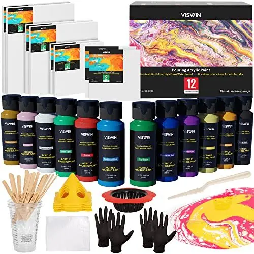 Produktbild: VISWIN Basic Acryl Pouring Paint Set, Set mit 12 Flaschen (2,03 Unzen), vorgemischtes High Flow Acryl Pouring Paint Kit mit Bechern, Handschuhen, Leinwand, Pouring Painting Art Supplies