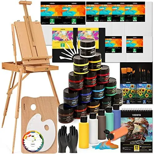 Produktbild: VISWIN Deluxe Acrylfarben-Set, Künstler-Malset mit Kofferstaffelei, 15 Acrylfarben, 12 Gießfarben, Premium-Pinsel, Gespannte Leinwand für Erwachsene, Jugendliche und Künstler