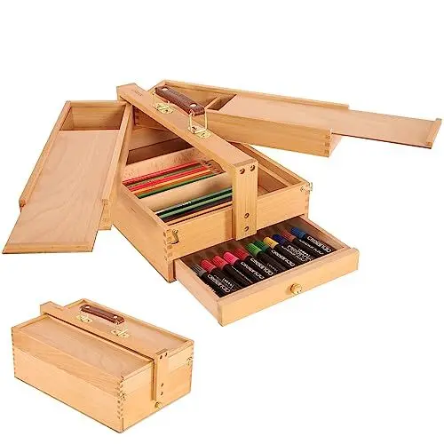 Produktbild: VISWIN Multifunktionale Tragbare Künstler-Aufbewahrungsbox aus Massivem Buchenholz mit Schublade, Dreischichtige Aufbewahrungsbox für Künstlerbedarf für Pinsel, Stift, Pastell, Malutensilien