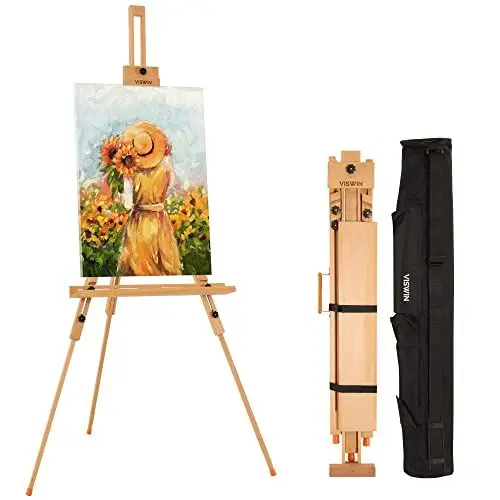 Produktbild: VISWIN Verstellbare Dreibein Staffelei mit Tasche und 2 Ablagen, Hält Leinwand bis zu 112cm, Tragbarer Buchenholz Staffelei Groß, Faltbare Leinwand Ständer für Erwachsene, Künstler, Studenten