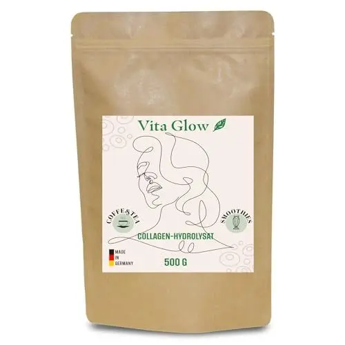 Produktbild: Vita Glow Premium Kollagen Pulver - 500g - Collagen-Hydrolysat - Peptide Typ 1, 2 und 3 - perfekte Löslichkeit und natürlicher Geschmack - laborgeprüft und in Deutschland produziert