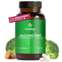 Produktbild: Vitabay Calciumcitrat hochdosiert 1000 mg VEGAN - 90 Kapseln hochdosiertes Calcium Citrate - Calcium Calziumkapseln hochdosiert 1000 mg Calzium Calcium Kapseln Kalzium hochdosiert Kapseln