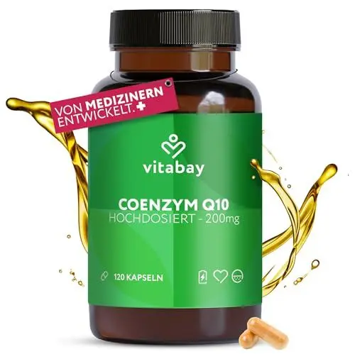 Produktbild: Vitabay Coenzym Q10 Kapseln Hochdosiert 200mg VEGAN & LABORGEPRÜFT Depot Komplex - 120 Kapseln Q10 Coenzym 200mg - Antioxidant Coenzym Q10 - Coenzyme Q10 200mg Kapseln Q 10 Coenzym Q 10 - Q Enzym Q10