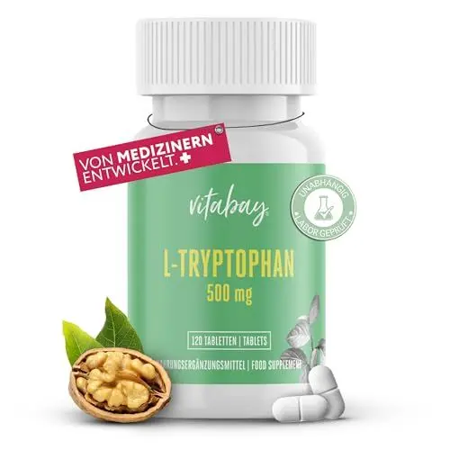 Produktbild: Vitabay L Tryptophan Hochdosiert 500mg - 120 Tabletten L-Tryptophan Vegan & Laborgeprüft - Triptofan Ltrypthophan ohne unerwünschte Zusatzstoffe