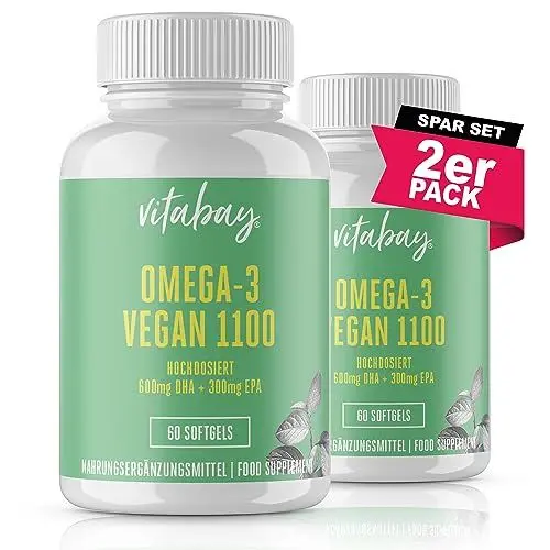 Produktbild: Vitabay Omega 3 Vegan Hochdosiert – 1100 mg Algenöl – 120 Kapseln mit DHA & EPA im 2:1 Verhältnis – unterstützt Gehirn & Sehkraft – Laborgeprüft