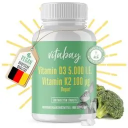 Produktbild: Vitabay Vitamin D3 K2 5000 IE hochdosiert - 180 VEGAN & LABORGEPRÜFTE Vitamin D3K2 Tabletten hochdosiert - Vitamine Vitamin D Vitamin K2 5000 K Sonnenvitamine D3K2 Vitamin D3K2 hochdosiert Vit D3 K2
