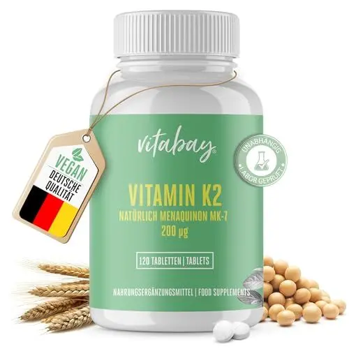 Produktbild: Vitabay Vitamin K2 Hochdosiert 200 µg (mcg) - 120 Vitamin K2 Tabletten Vegan & Laborgeprüft - MK-7 (Menachinon-7) aus natürlichen Zutaten in All-Trans Form - Hohe Bioverfügbarkeit