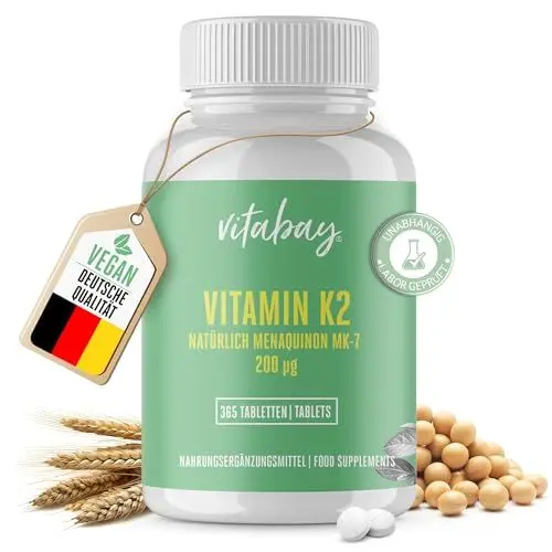 Produktbild: Vitabay Vitamin K2 Hochdosiert 200 µg (mcg) - 365 Vitamin K2 Tabletten Vegan & Laborgeprüft - MK-7 (Menachinon-7) aus natürlichen Zutaten in All-Trans Form - Hohe Bioverfügbarkeit