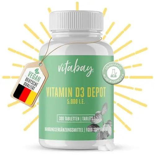 Produktbild: Vitabay Vitamin D3 Depot Hochdosiert 5000 IE - 300 Vegane & Laborgeprüfte Vitamin D Tabletten ohne Zusätze - Trägt zur Unterstützung des Immunsystems und zur Erhaltung normaler Knochen bei
