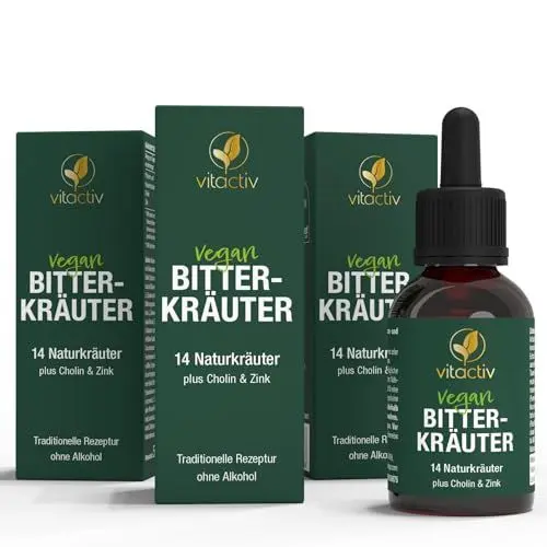 Produktbild: VITACTIV Bitterkräuter - Bittertropfen ohne Alkohol - Erlesene Kräuter plus Cholin & Zink - Bitterstoffe Tropfen nach Hildegard von Bingen - Ohne Künstliche Zusätze, Zuckerfrei, Vegan - 150ml