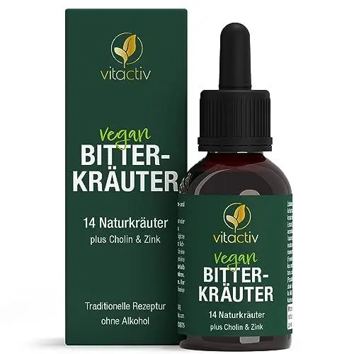 Produktbild: VITACTIV Bitterkräuter - Bittertropfen ohne Alkohol - Erlesene Kräuter plus Cholin & Zink - Bitterstoffe Tropfen nach Hildegard von Bingen - Ohne Künstliche Zusätze, Zuckerfrei, Vegan - 50ml