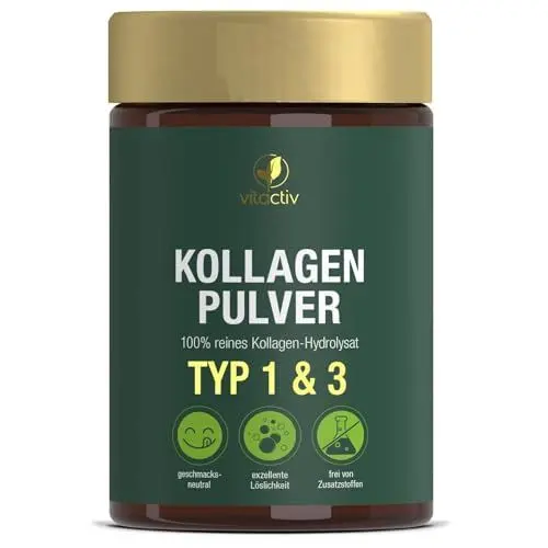 Produktbild: VITACTIV Collagen Pulver 300g - Kollagen Hydrolysat, Typ 1 & 3 Peptide - 19 essenzielle Aminosäuren - Hohe Bioverfügbarkeit, ohne Zusätze, Geschmacksneutral - Laborgeprüft in Deutschland