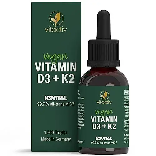 Produktbild: VITACTIV Vitamin D3 K2 Tropfen - K2VITAL® 99,7% all-trans MK-7 - D3 pro Tropfen 1000 IE, Hochdosiert, Hoch Bioverfügbar - Aus Deutschland, Laborgeprüft, Vegan - 50ml, 1700 Tropfen