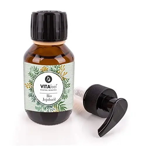 Produktbild: VitaFeel Bio Jojobaöl Gold 1x 100ml | 100% reines kaltgepresstes Öl aus Jojobanüssen | Feuchtigkeitspflege für Haut, Gesicht & Haare | Naturkosmetik-Trägeröl für Massage & Aromatherapie