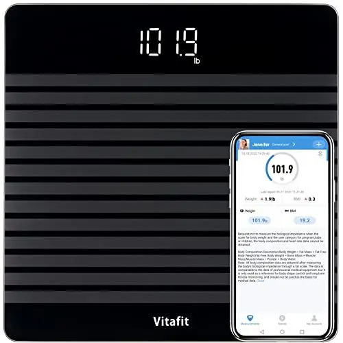 Produktbild: Vitafit Digitale Personenwaage Waage mit Gewicht und BMI, Smarte Körperwaage mit App via Bluetooth, Rutschfeste Plattform,Schwarz