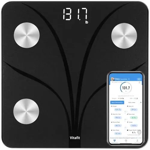 Produktbild: Vitafit Körperfettwaage Waage Personen Personenwaage digital mit APP 182kg, Professionelle Wägefabrik seit 2001, Körperanalysewaage mit Bluetooth, Körperwaage für Körperfett, BMI, Muskelmasse,Schwarz