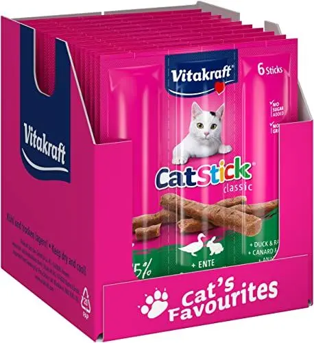 Produktbild: Vitakraft Cat Stick Classic, Katzensnack, fleischige Mini-Sticks, mit Ente und Kaninchen, in Vorratsgröße (10x 6 Stück)