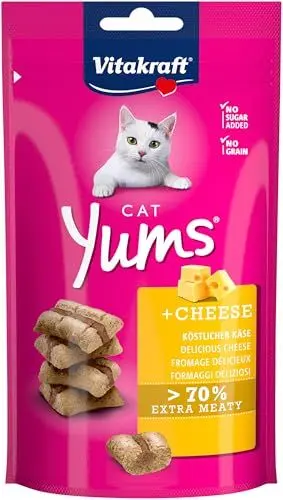 Produktbild: Vitakraft Cat Yums, Katzensnack, mit Käse, extra fleischig, mit sichtbarer Füllung, im wiederverschließbaren Beutel, ohne Zusatz von Zucker und Getreide (1x 40g)