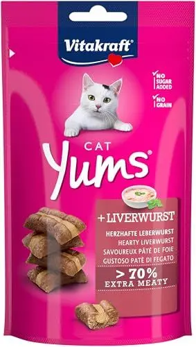 Produktbild: Vitakraft Cat Yums, Katzensnack, mit herzhafter Leberwurst, extra fleischig, mit sichtbarer Füllung, im wiederverschließbaren Beutel, ohne Zusatz von Zucker und Getreide (1x 40g)