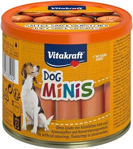 Produktbild: Vitakraft Dog Minis, Hundeleckerli, Mini Würstchen aus Geflügel, in Dose mit Deckel, Hunde Trainingsleckerli, gewürzreduziert, ohne Zusatz von Zucker (1x 120g)