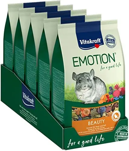 Produktbild: Vitakraft Emotion Beauty, Hauptfutter für Chinchillas, mit Luzerne und Karottenscheiben, fördert Gesundheit von Haut und Fell, für alle Chinchillas (5x 600g)