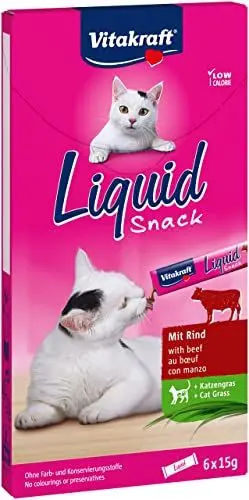 Produktbild: Vitakraft Liquid Snack, Katzen Leckerli, Katzensnack cremig, mit Rind und Katzengras, in einzelnen Sachets, für eine gesunde Darmflora (1 Paket mit 6x 15g)