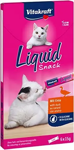 Produktbild: Vitakraft Liquid Snack, Katzen Leckerli, Katzensnack cremig, mit Ente und Beta Glucane, in einzelnen Sachets, verbessert die Immunabwehr (1 Paket mit 6x 15g)