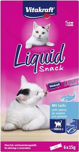 Produktbild: Vitakraft Liquid Snack, Katzen Leckerli, Katzensnack cremig, mit Lachs und Omega 3 Fettsäuren, in einzelnen Sachets, für gesunde Haut (1 Paket mit 6x 15g)