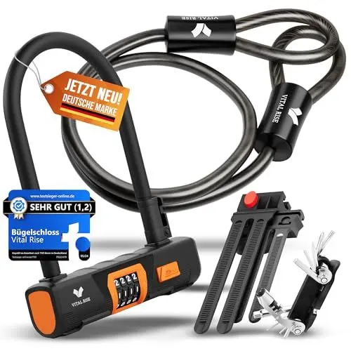 Produktbild: Vital Rise® Fahrradschloss & Multitool | hohe Sicherheit | Bügelschloss mit Zahlencode | E-Bike & MTB Schloss | Kompaktes Mini-Multitool für unterwegs | Fahrradwerkzeug Set | Bike Gadgets & Geschenke