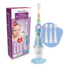 Produktbild: VITALmaxx Elektrische Zahnbürste für Babies & Kinder | Extra sanft mit weichen Borsten ab 6 Monate inkl. 3 Ersatzbürsten | Mit LED-Licht und Timer | Kindgerechte Zahnpflege | Blau