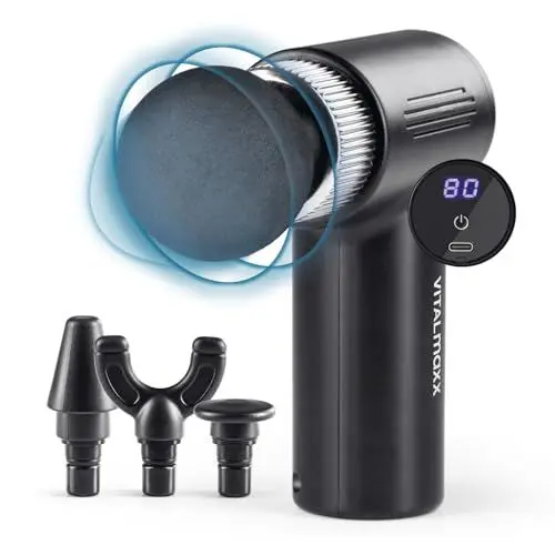 Produktbild: VITALmaxx Massage-Gun mit 6 Stufen | Massagegerät mit 4 Aufsätzen | Akkubetrieben bis 90 Min Laufzeit und USB-C aufladbar | Besonders leicht und handlich für unterwegs und den Sport (schwarz/silber)