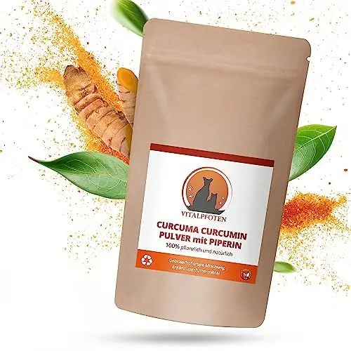 Produktbild: Vitalpfoten Curcuma Curcumin Pulver mit Piperin fertig gemischt für Hunde und Katzen 30g, zur direkten Verfütterung oder für Goldene Paste/Milch, höchste Reinheit und Qualität inkl. Dosierlöffel