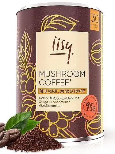 Produktbild: Vitalpilz Coffee - löslicher Arabica Robusta Kaffee mit Vitalpilz Fruchtkörper Extrakten Hericium und Chaga, B-Vitaminen und Kalzium - 30 Portionen - weniger Koffein - sehr aromatisch - iisy®