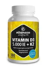 Produktbild: Vitamaze® Vitamin D3 K2 hochdosiert (1+ Jahre) 5000 IE Vitamin D3 + 100 mcg Vitamin K2 MK7 All Trans, 180 Tabletten Vitamin D ohne unnötige Zusatzstoffe, in Deutschland hergestellt