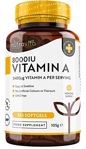 Produktbild: Vitamin A 8000 IE – 365 Kapseln – Vitamin A aus Retinylpalmitat – Retinol – 2.400 μg pro Weichkapsel – Beta Carotin – Ohne unerwünschte Zusätze – Hergestellt von Nutravita