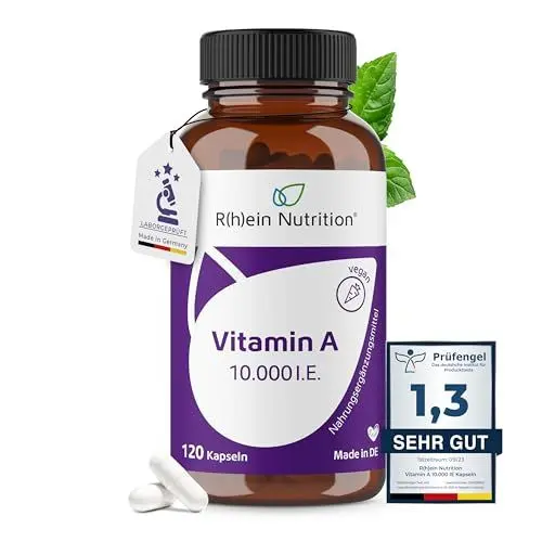 Produktbild: Vitamin A Hochdosiert 10000 IE - 120 Kapseln 4 Monate Vorrat - Augen Vitamine Retinol - Vegan & Ohne Zusätze in Deutschland hergestellt - Rhein Nutrition