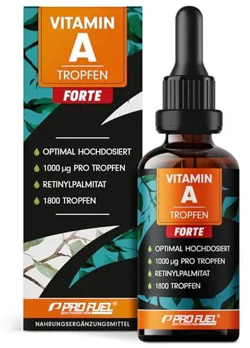 Produktbild: Vitamin A Tropfen FORTE - 1000 µg pro Tropfen - 1800 Tropfen mit Vitamin A aus Retinylpalmitat - optimal hochdosiert & bioverfügbar - ohne Zusatzstoffe - laborgeprüft mit Zertifikat - 100% vegan