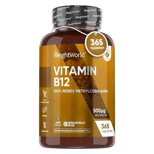 Produktbild: Vitamin B12-500mcg pro Tablette - 365 vegane Tabletten - 1 Jahr Vorrat - Nervenfunktion, Energiestoffwechsel, Immunsystem (EFSA) - Reines Methylcobalamin - Vegan & Vegetarisch - WeightWorld
