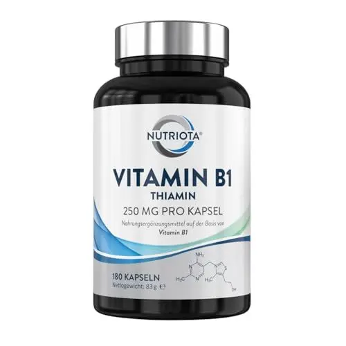 Produktbild: Vitamin B1 (Thiamin) Hochdosiert 250 mg Kapseln – 180 Kapseln – Veganfreundlich – Von Nutriota
