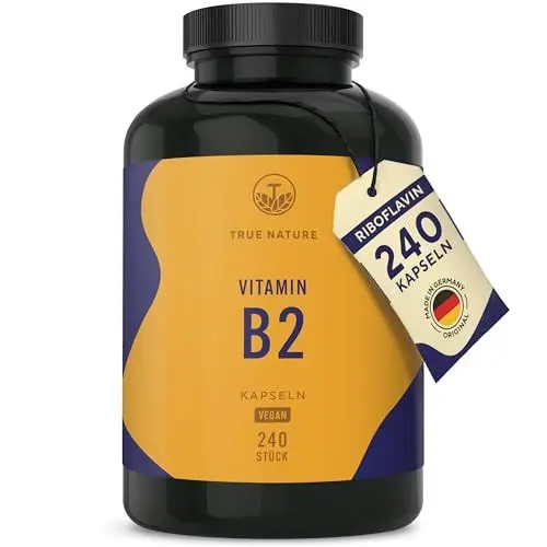 Produktbild: Vitamin B2 Riboflavin - Hochdosiert: 250mg Riboflavin - 240 Kapseln (Big Pack) - Unterstützt Energiestoffwechsel, Haut und Nerven - Laborgeprüft - Vegan & Deutsche Produktion - TRUE NATURE