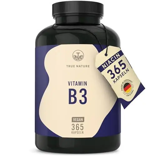 Produktbild: Vitamin B3 Niacin - Hochdosiert: 500mg Nicotinamid - 365 Kapseln - 1 Jahr Vorrat - Flushfree - unterstützt Energiestoffwechsel, Haut und Nerven* - Vegan & Deutsche Produktion - TRUE NATURE